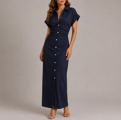 Short Sleeve Ruched Maxi Shirt Dress