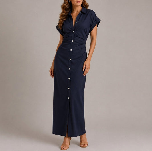 Short Sleeve Ruched Maxi Shirt Dress
