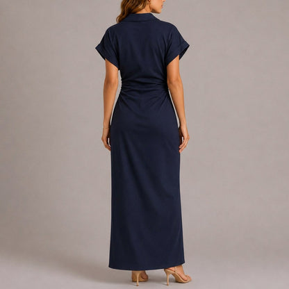 Short Sleeve Ruched Maxi Shirt Dress