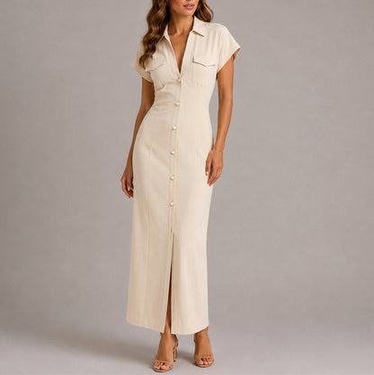 Short Sleeve Ruched Maxi Shirt Dress