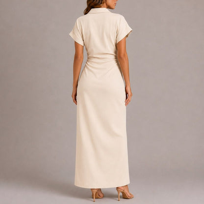 Short Sleeve Ruched Maxi Shirt Dress