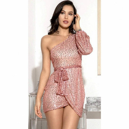 Sienna | Women's One-Shoulder Sequin Belted Wrap-Front Mini Cocktail Dress
