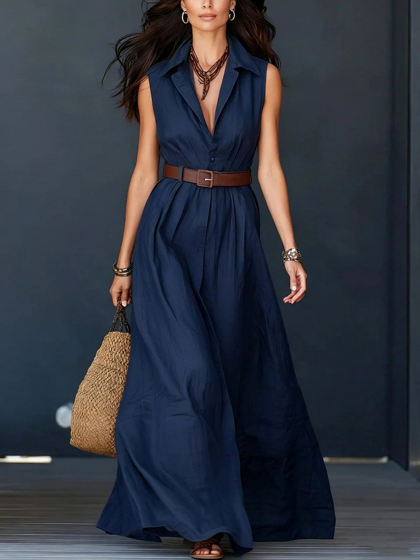 Sleeveless Collared Button Front Maxi Dress