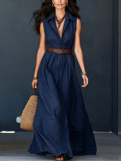 Sleeveless Collared Button Front Maxi Dress
