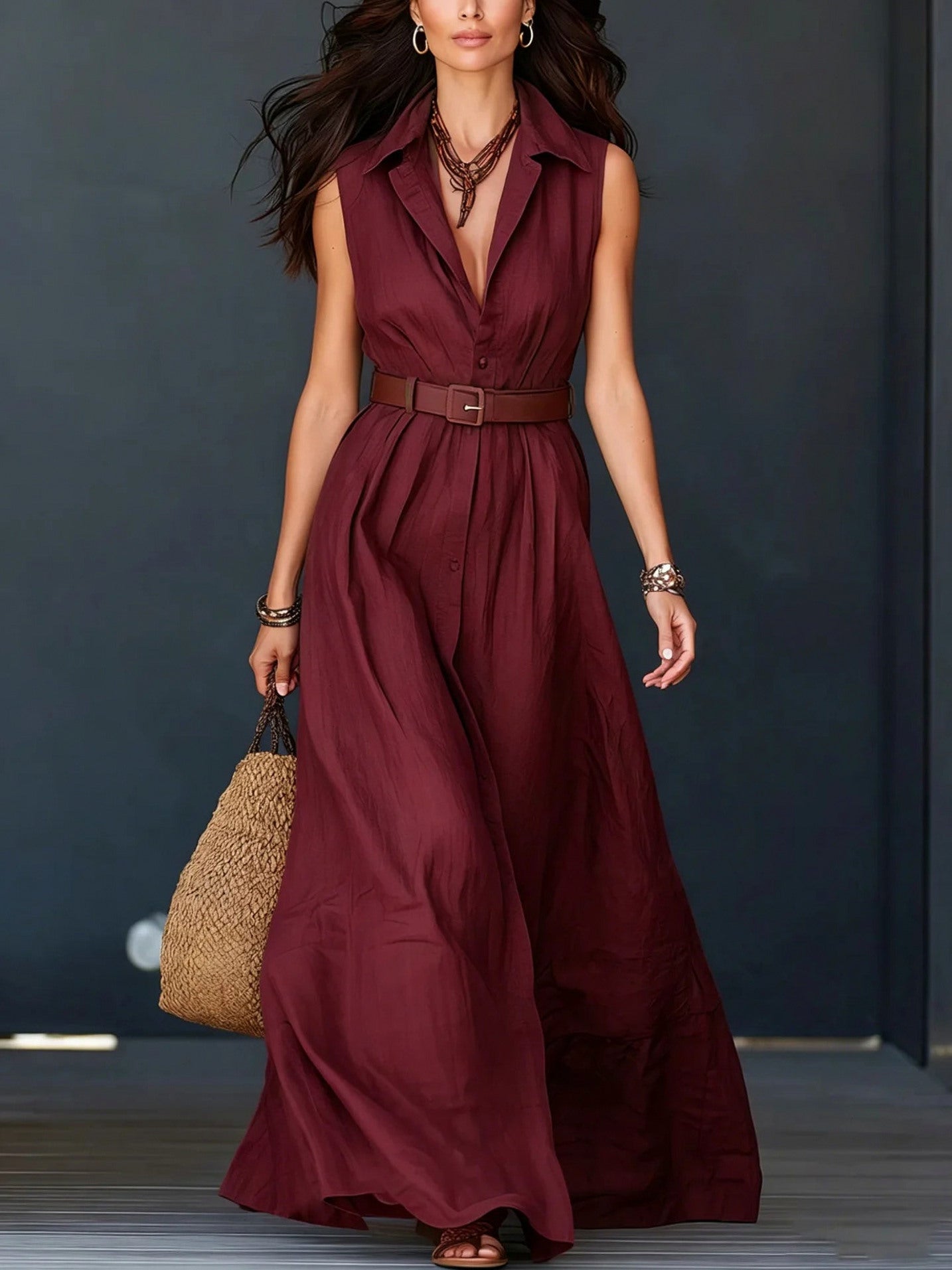 Sleeveless Collared Button Front Maxi Dress