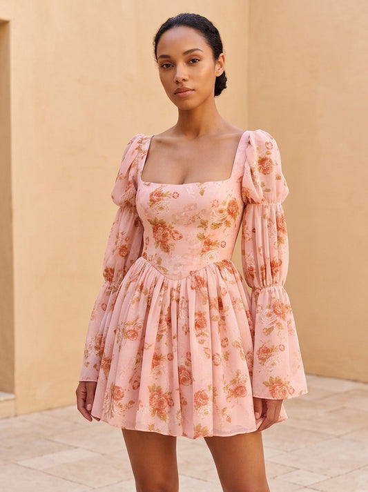Square Neck Long Sleeve Mini Dress