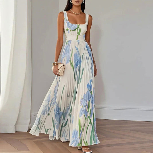Floral Square Neck Pleated Maxi Dress