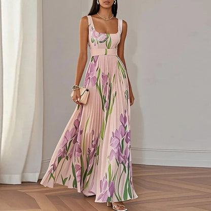 Floral Square Neck Pleated Maxi Dress