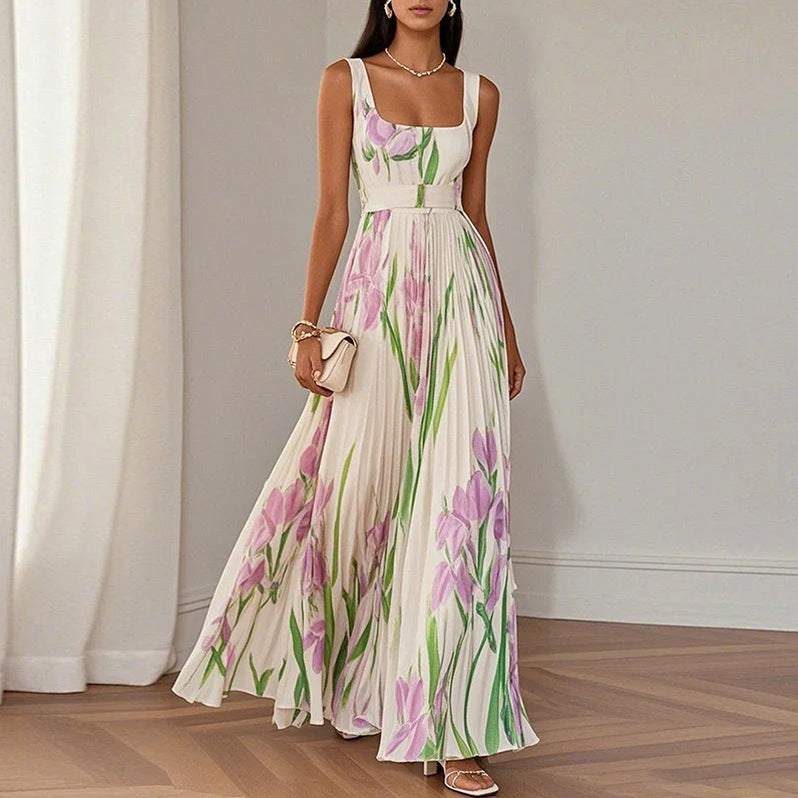Floral Square Neck Pleated Maxi Dress