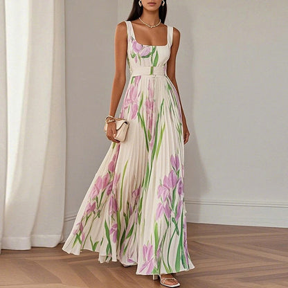 Floral Square Neck Pleated Maxi Dress