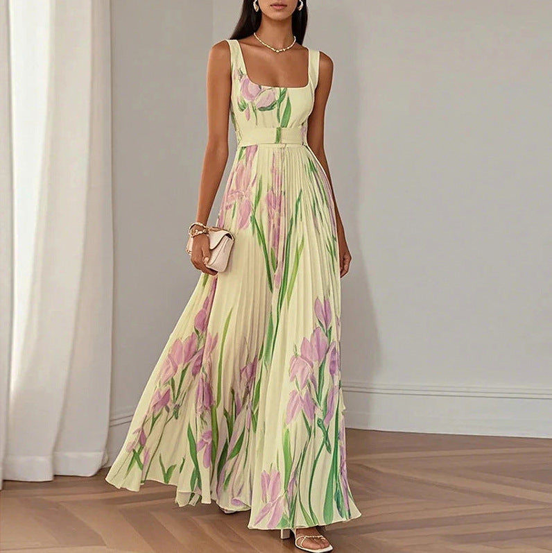 Floral Square Neck Pleated Maxi Dress