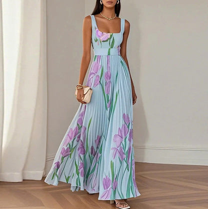 Floral Square Neck Pleated Maxi Dress