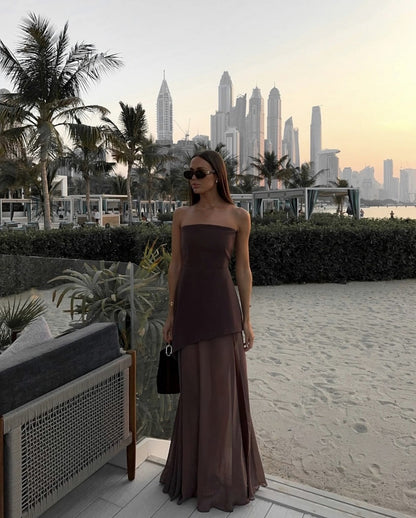 Strapless Asymmetric Chiffon Maxi Dress
