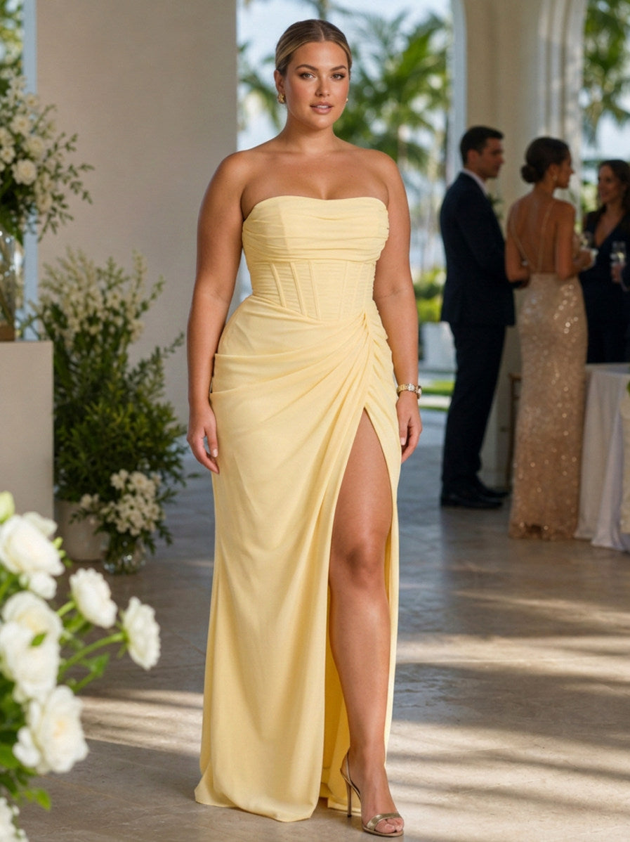 Strapless Corset Ruched Maxi Dress