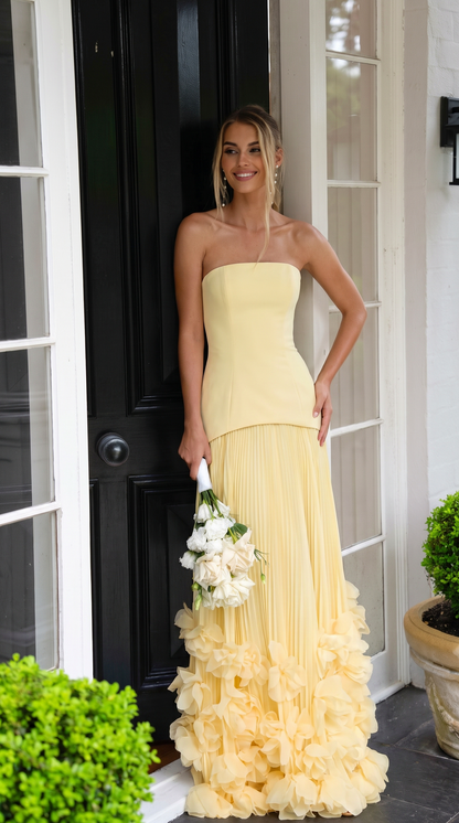 Strapless Drop Waist Pleated Maxi Dress