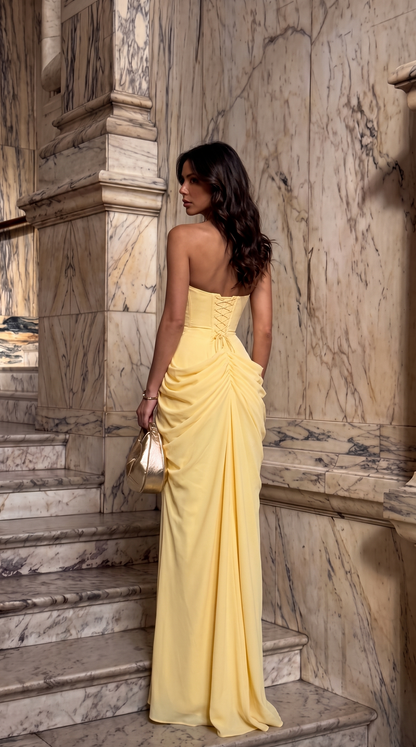Strapless Ruched Draped Maxi Dress