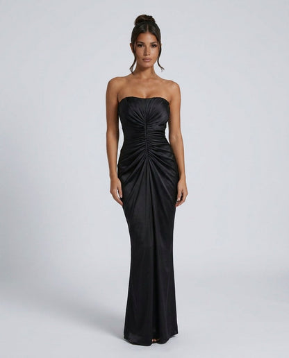 Strapless Ruched Satin Maxi Dress