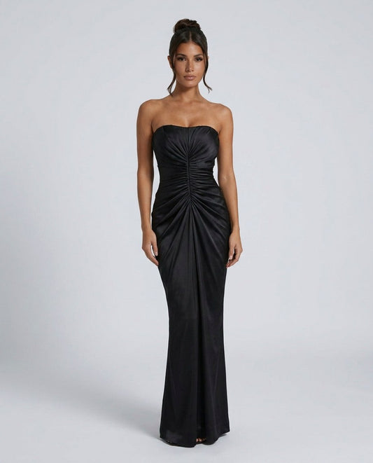 Strapless Ruched Satin Maxi Dress