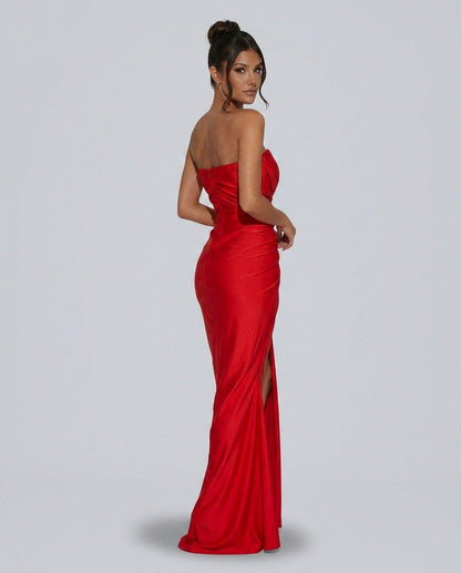Strapless Ruched Satin Maxi Dress