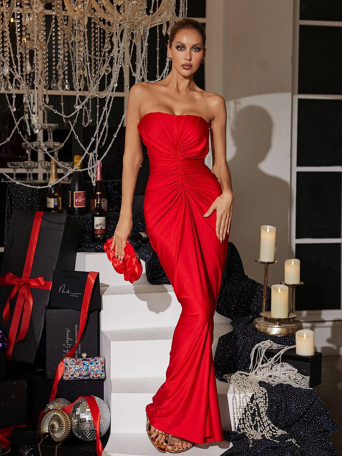 Strapless Ruched Satin Maxi Dress