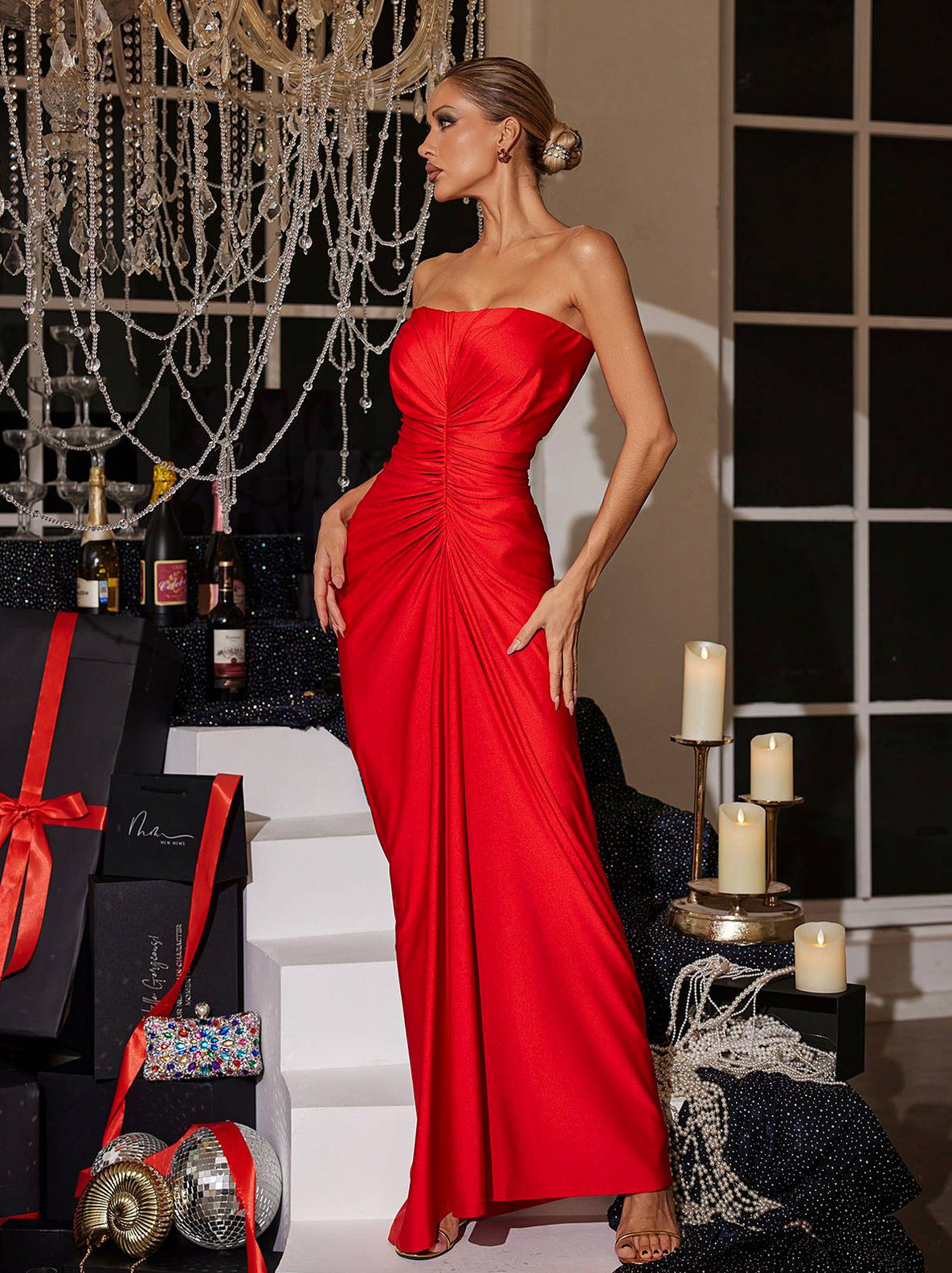Strapless Ruched Satin Maxi Dress