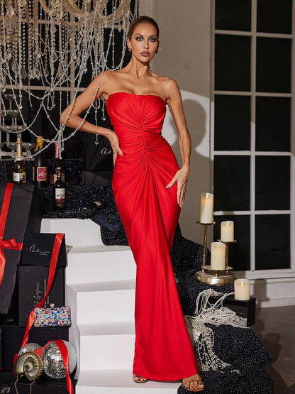 Strapless Ruched Satin Maxi Dress