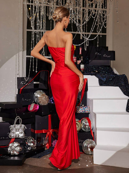Strapless Ruched Satin Maxi Dress