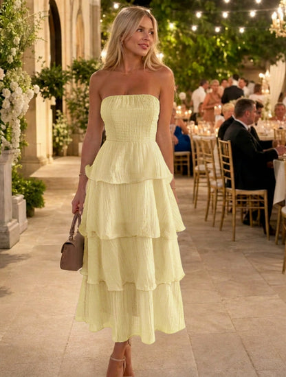 Strapless Smocked Tiered Midi Dress