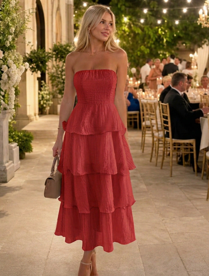Strapless Smocked Tiered Midi Dress