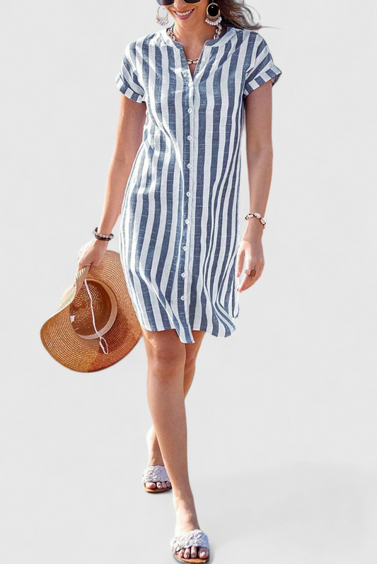 Poplin Striped Button Front Mini Shirt Dress