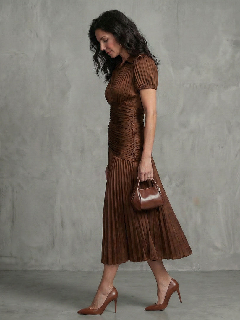 Striped Ruched Pleated Midi Dress