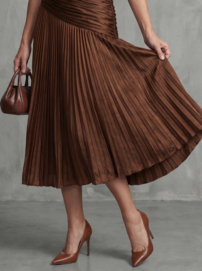Striped Ruched Pleated Midi Dress