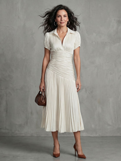 Striped Ruched Pleated Midi Dress