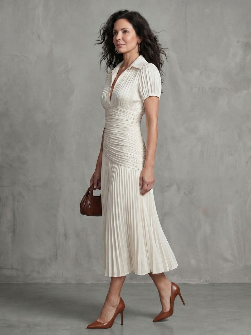 Striped Ruched Pleated Midi Dress