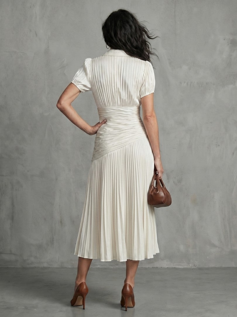 Striped Ruched Pleated Midi Dress