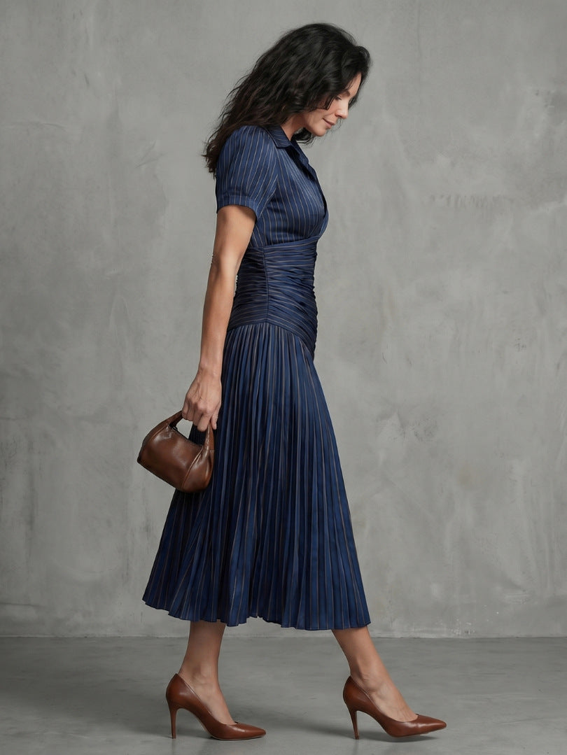 Striped Ruched Pleated Midi Dress
