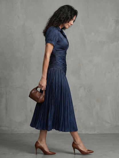 Striped Ruched Pleated Midi Dress