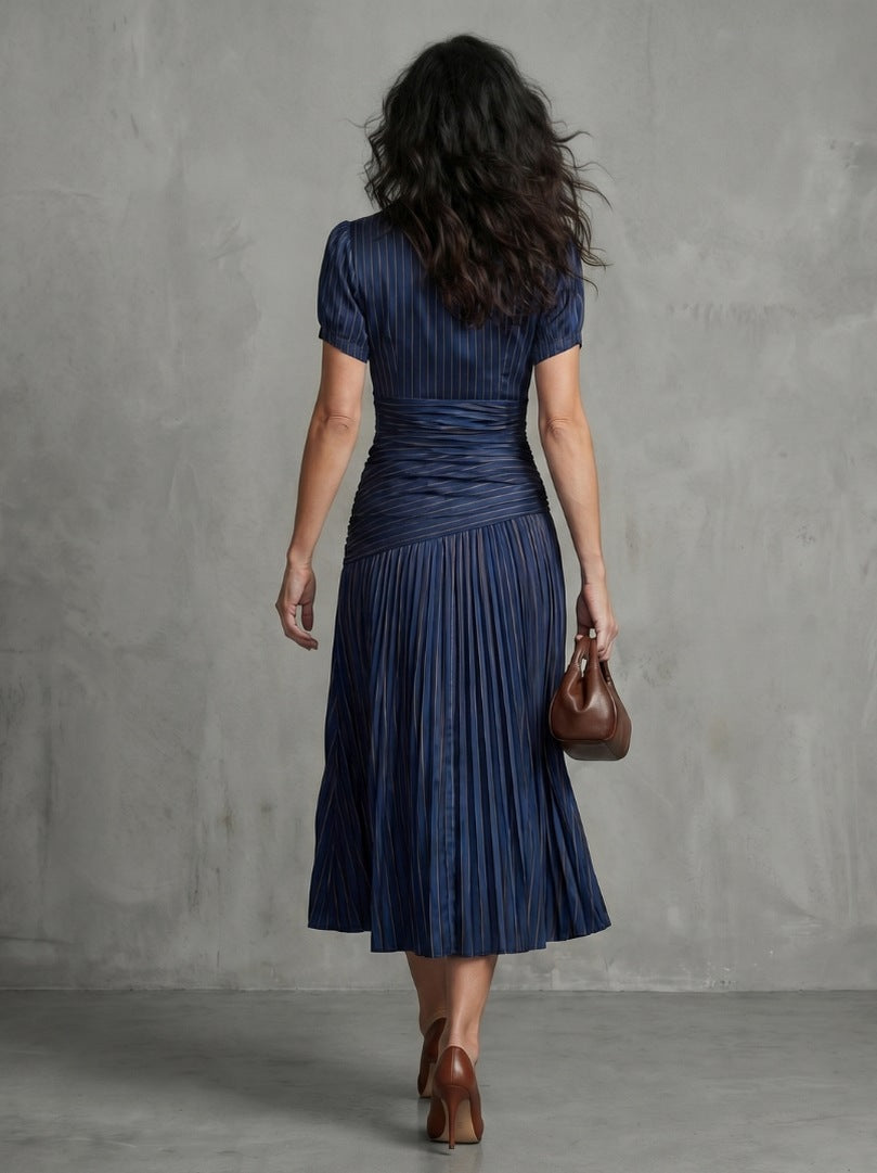Striped Ruched Pleated Midi Dress