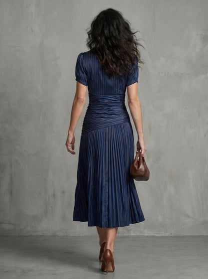 Striped Ruched Pleated Midi Dress