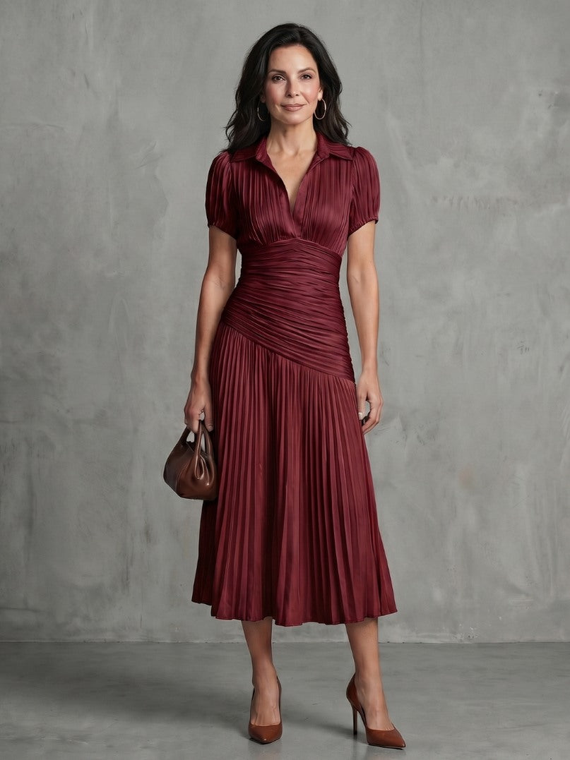 Striped Ruched Pleated Midi Dress