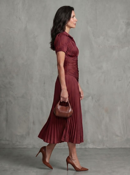 Striped Ruched Pleated Midi Dress