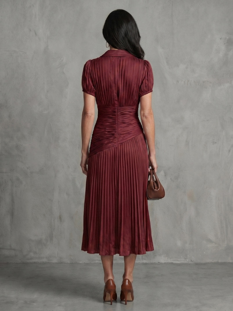 Striped Ruched Pleated Midi Dress
