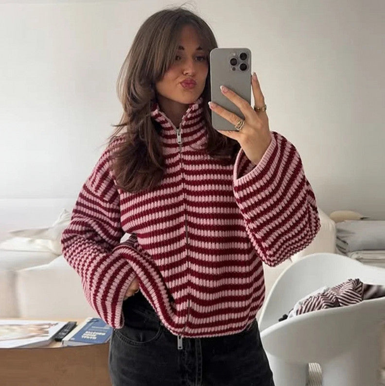 Striped Zip Front Knit Sweater