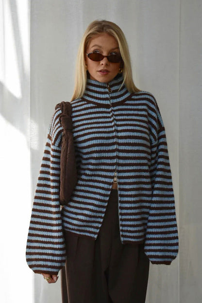 Striped Zip Front Knit Sweater