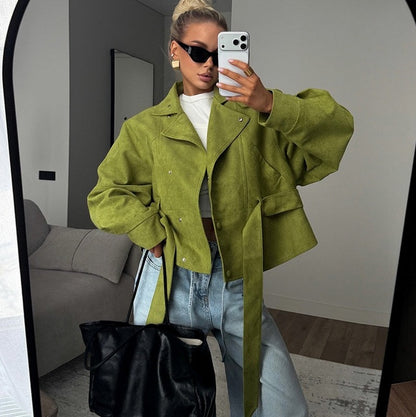 Suede Belted Button Front Jacket