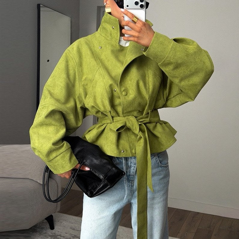 Suede Belted Button Front Jacket