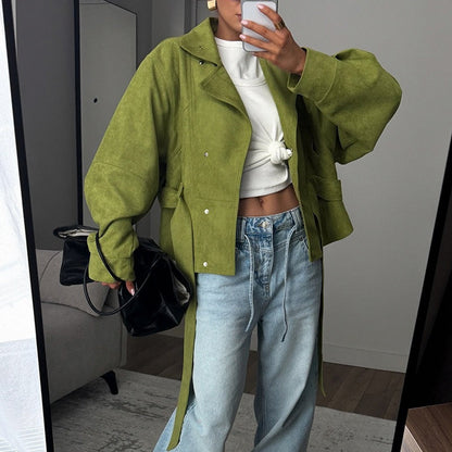 Suede Belted Button Front Jacket