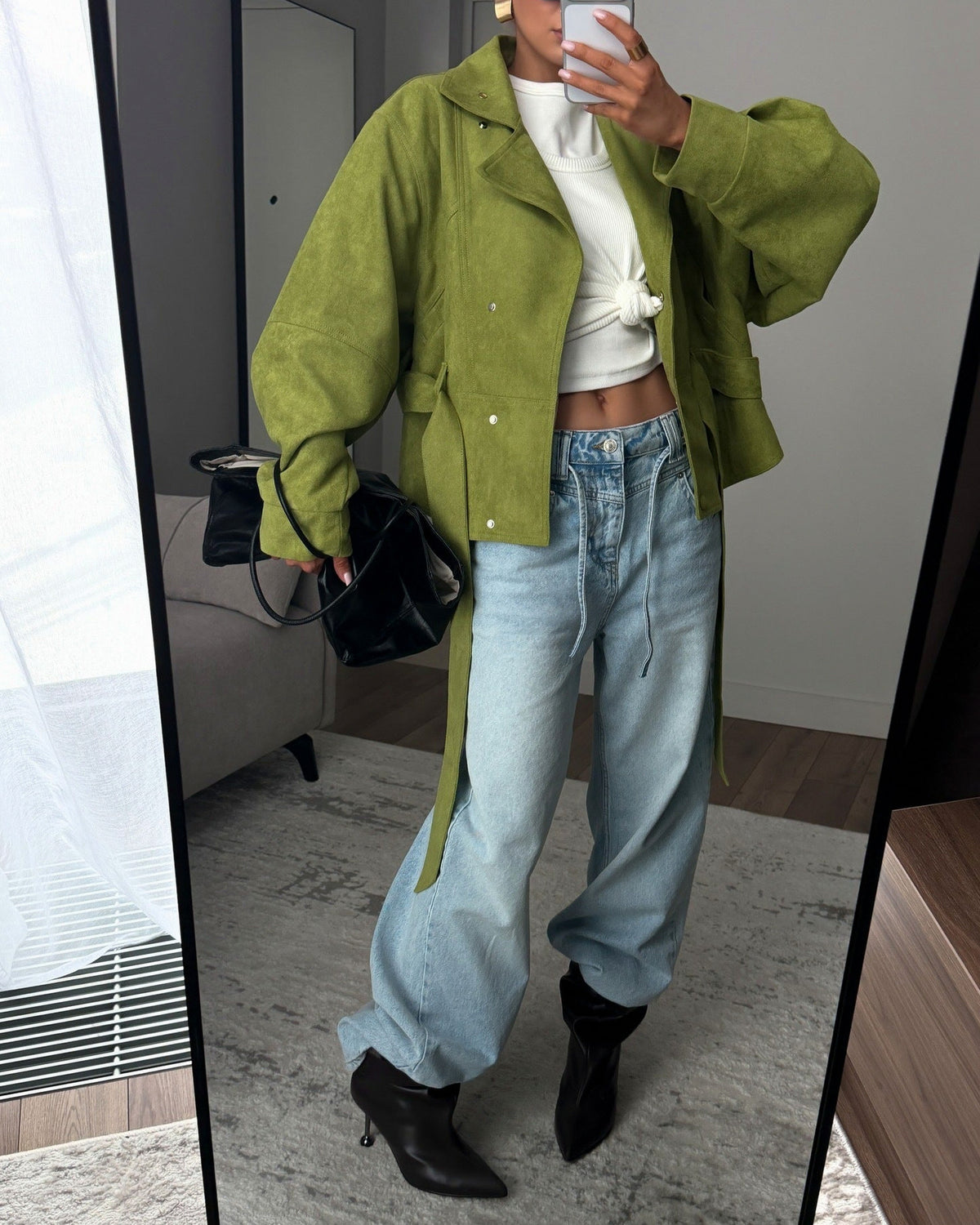 Suede Belted Button Front Jacket