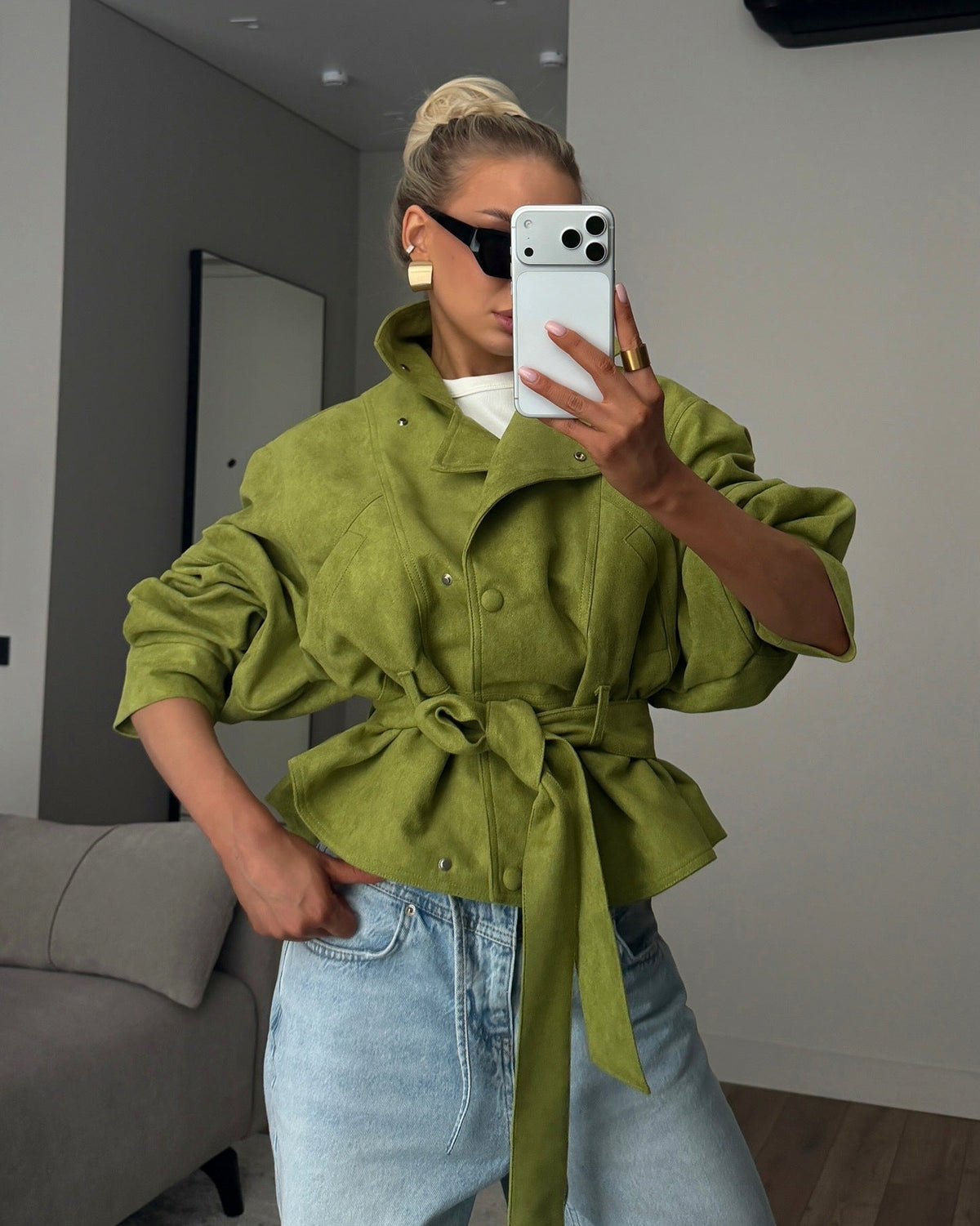 Suede Belted Button Front Jacket