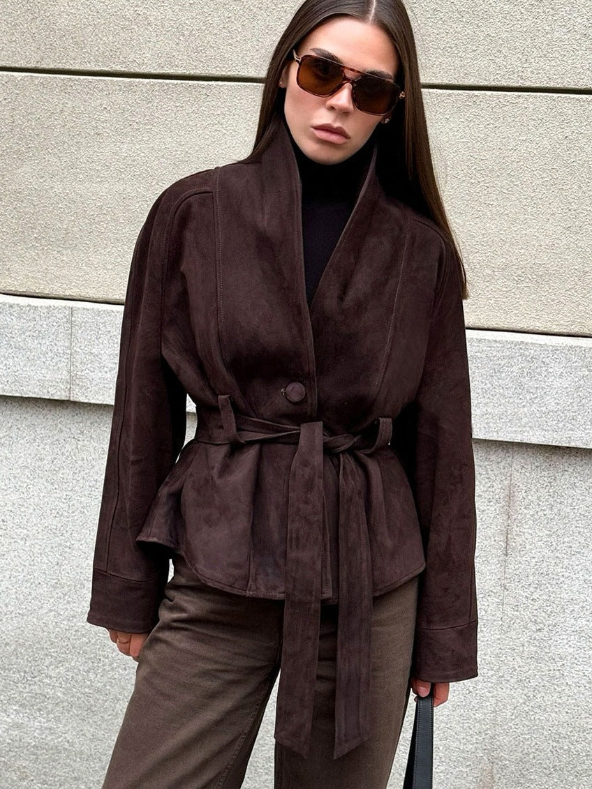 Suede Long Sleeve Belted Jacket